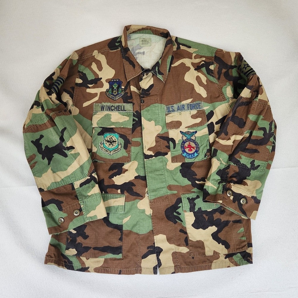 US Air Force Woodland Camo BDU Field Jacket Large Regular Fire Prot. Patches